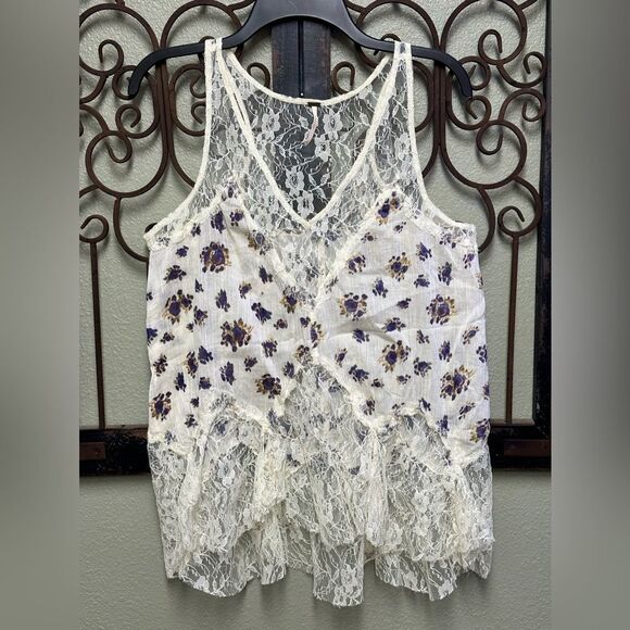 Free People Floral Lace Camisole - Cream and Purple - Picture 3 of 6